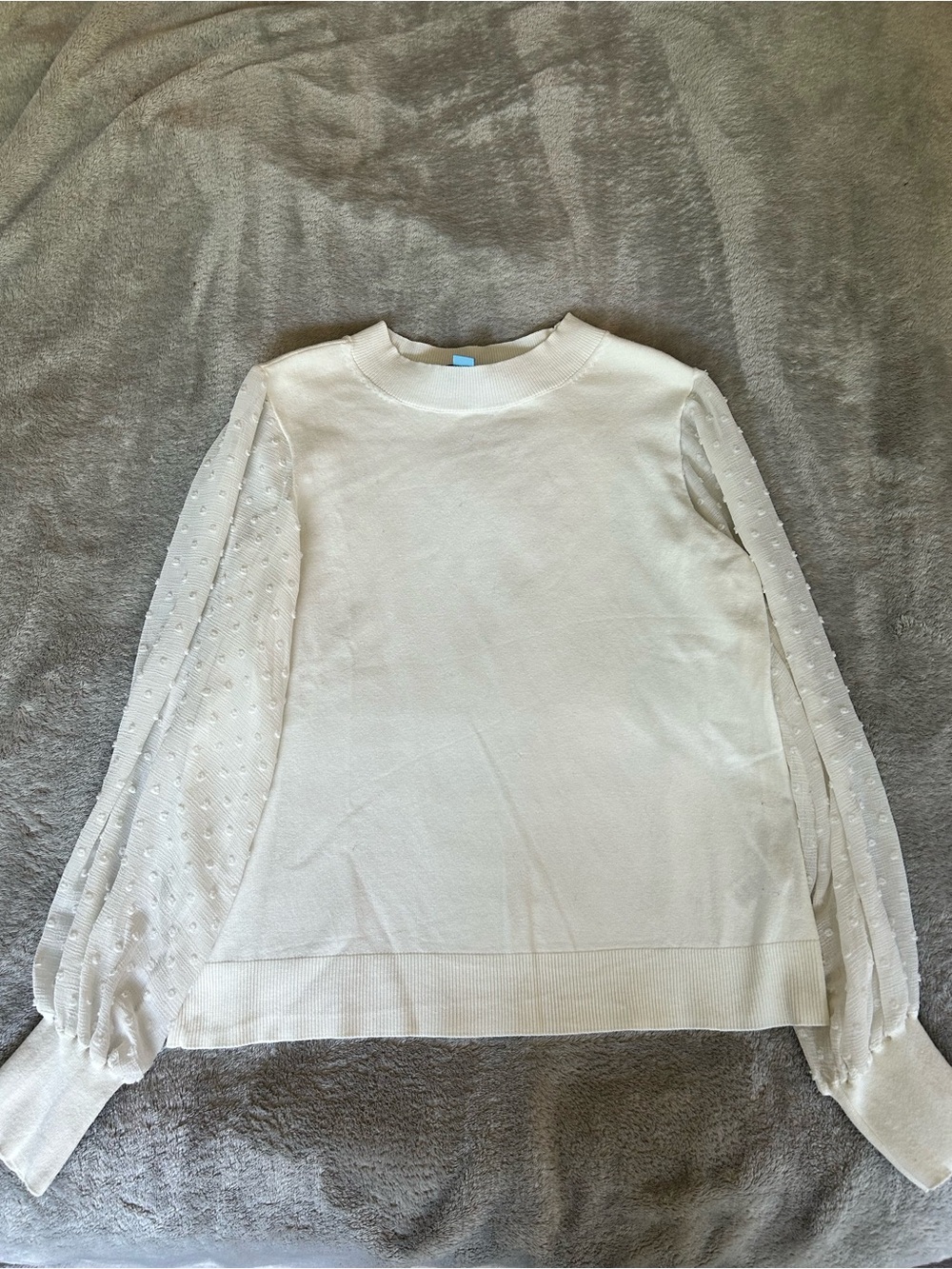 CeCe Off-White Crewneck Sweater with sheer balloon sleeves